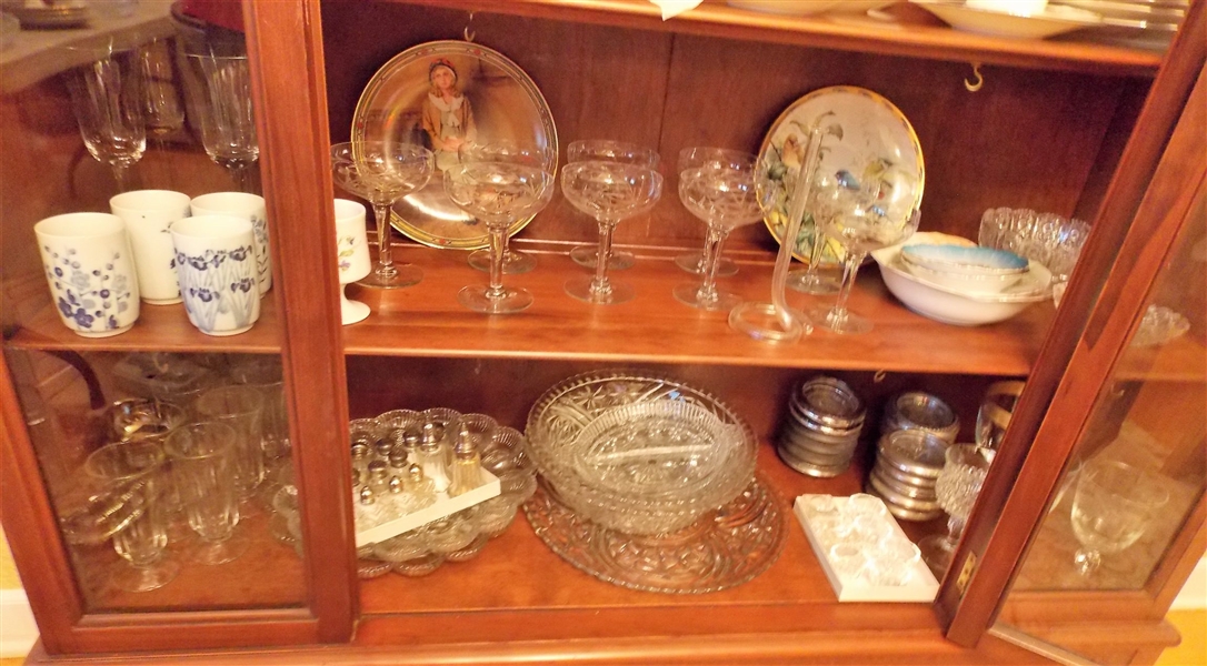 2 Shelf Lots including Etched Champagne Coupes, Hand Painted China, Salt Dips, Egg Plates, Etc. 