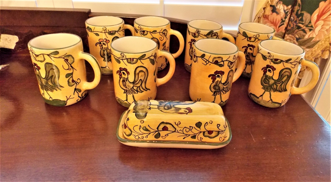 Group of 8 Rooster Mugs and Butter Dish - Hand Painted in Mexico - Some Paint Loss on Butter Dish and 1 Mug