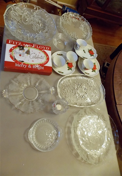 Lot of Christmas Items including Fitz and Floyd Platter in Box, Platters, Candle Holder, Poinsettia Plate and Mugs, Etc. [