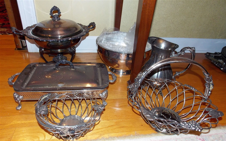 Lot of Silverplate including Bowl with Plastic Liner, Godinger Baskets with Grapes, Chafing Dishes, and Pitcher