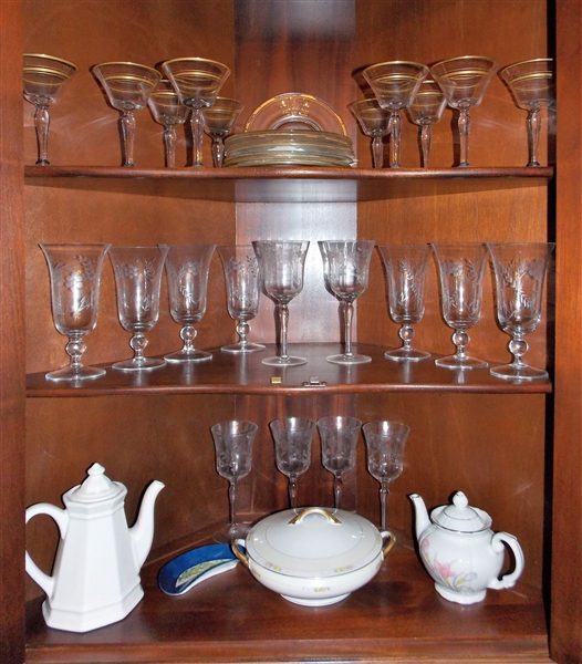 Cabinet Lot including Gold Trimmed Glassware, Etched Crystal, Teapot with Flower, Covered Dish, Etc.