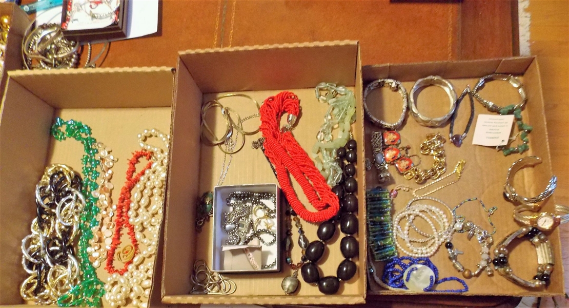 3 Boxes of Costume Jewelry including Beaded Necklaces, Stretch Bracelets, Etc. 
