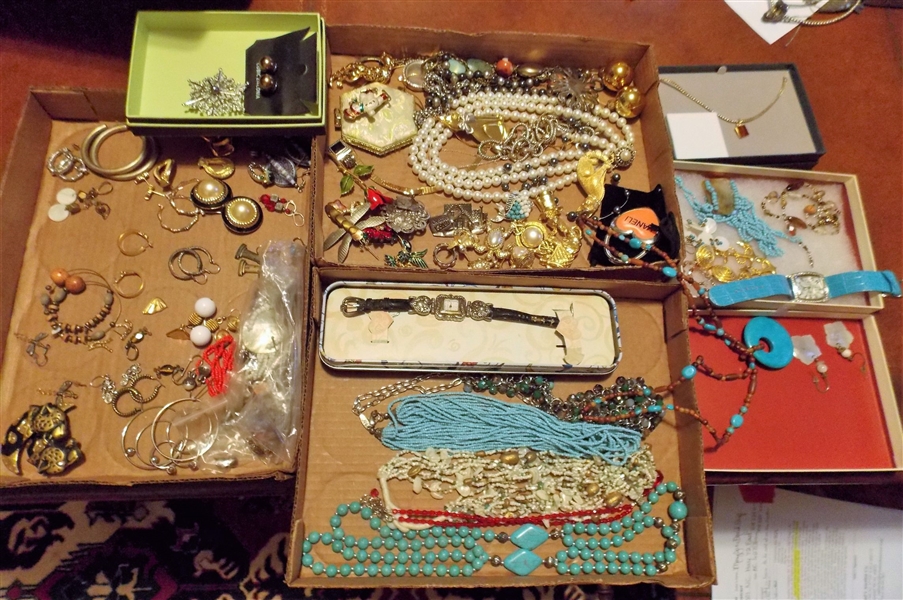 Lot of Costume Jewelry including Necklaces, Brooches, and Earrings, Also Including Brighton Watch with Original Box