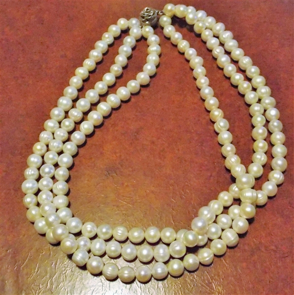 3 Strand Freshwater Pearl Necklace with Sterling Silver Flower Clasp - Measures 18" Long