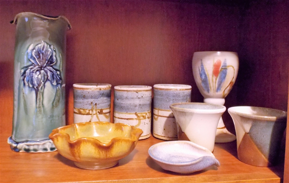 Shelf Lot of Art Pottery including 9" Iris Vase Signed Shelly and Brown Ruffled Pigeon Forge Pottery Bowl