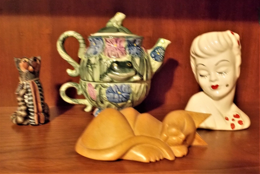 Shelf Lot including Wood Carved Cat, 3 Section Frog Tea Pot, Head Vase,