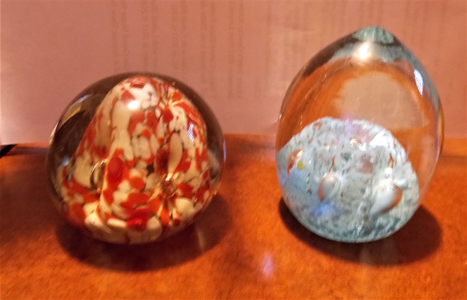 2 Art Glass Paperweights Blue Egg Shaped 3 1/2" Tall 