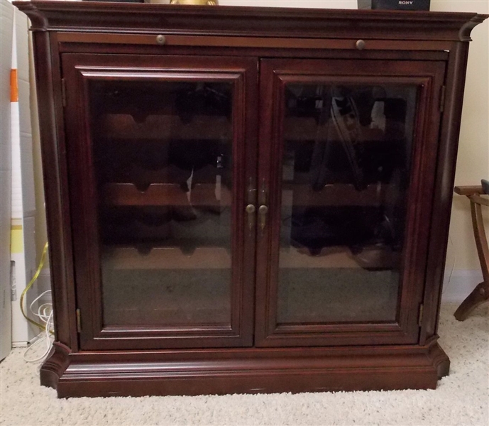 Wine Cabinet with Beveled Glass Doors - Pull Out Serving Surface - Holds 32 Bottles - Measures 32 1/2" tall 37" by 16"