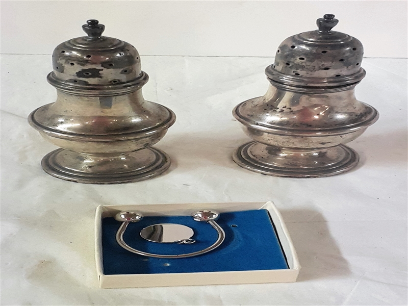 Sterling Silver Key Fob and Pair of Sterling Salt and Pepper Shakers - Shakers Are Dented