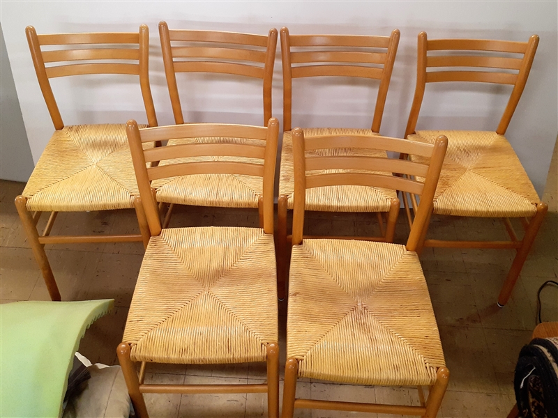 Set of 6 Made in Italy Light Wood Rush Bottom Chairs