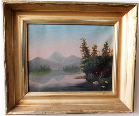 Mill Creek Lake Oil on Canvas Painting in Gold Gilt Frame - GB On Back -  Frame Measures 17" by 19" Painting Measures 11 1/2" by 14" - Some Gold Flaking on Frame