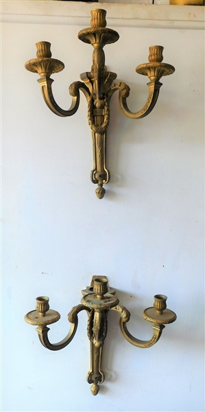 Pair of Awesome Heavy Brass 3 Branch Candle Sconces -Laurel Wreath and Pine Cone Details 16" long 14" Wide