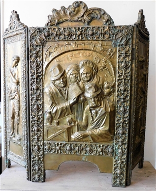 19th Century Ornate Embossed Brass Over Wood Fire Screen - With Center Tavern Scene - Goddesses on Sides - Highly Decorated on Both Front and Back - Measures  35 3/4" tall 38 1/2" across