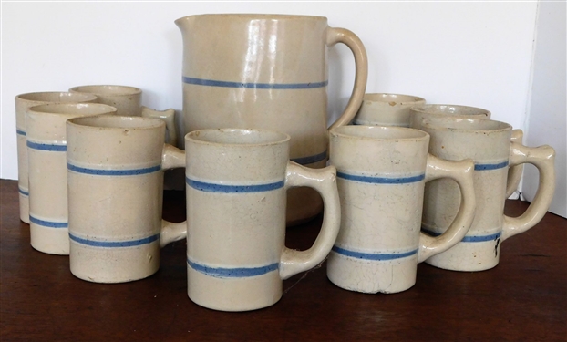 Stoneware Pitcher and 9 Mugs - Pitcher is Perfect - Mugs Have Crazing and Chips - Pitcher is 7" Tall 8" Spout to Handle - Mugs Signed New Brighton