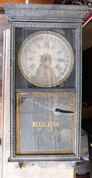 Regulator Made by Sessions Calendar  Clock with Key and Pendulum - Glass is Broken - Face is Stained - 39" long 16" by 5"