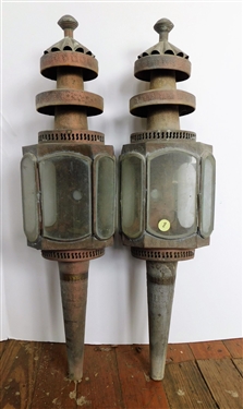 Pair of Hand Decorated Copper Lanterns - with Original Burners - 24" Long