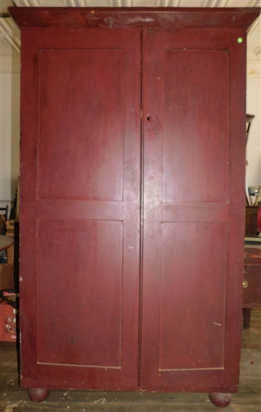 Red Painted Primitive Wardrobe - 77" tall 43 1/2" by 15 1/2" - Blocked Foot is Due to Uneven Floor
