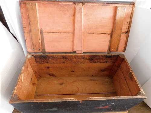 Painted Chest with Checkerboard Top - Metal Handles - Horses on Front - 19 1/4 43 by 20 1/2 - Rattail Hinges