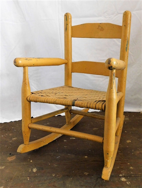 Yellow Painted Primitive Childs Rocker with Original Green Paint Underneath - 21" tall 14" Arm to Arm 