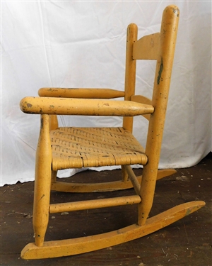 Yellow Painted Primitive Childs Rocker with Original Green Paint Underneath - 21 tall 14 Arm to Arm 