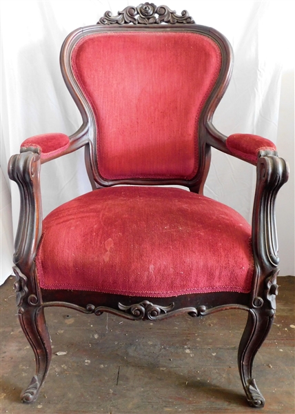 Rose Carved Victorian Parlor Chair - Original Finish 43 3/4" tall - Missing Corner of Front Foot
