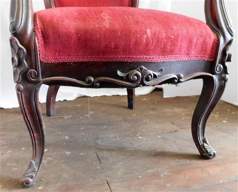 Rose Carved Victorian Parlor Chair - Original Finish 43 3/4 tall - Missing Corner of Front Foot