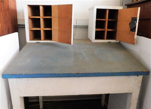 Unusual Pine Lift Top Desk with Attached Divided Cubbies - Larger than Desk  - Painted -Measures 32 1/2 tall 32 by 24 1/2 Not including White Cubbies 