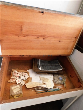 Unusual Pine Lift Top Desk with Attached Divided Cubbies - Larger than Desk  - Painted -Measures 32 1/2 tall 32 by 24 1/2 Not including White Cubbies 