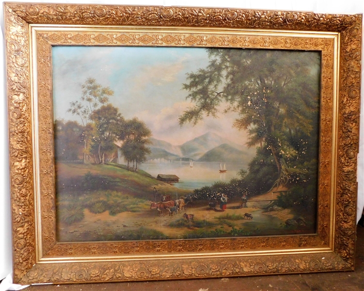 Ida Wright 1890 Signed Oil On Canvas Painting of Cows - Framed in Large Gold Gilt Frame - Some Paint Loss on Painting and Frame - Frame Measures 34" by 44"