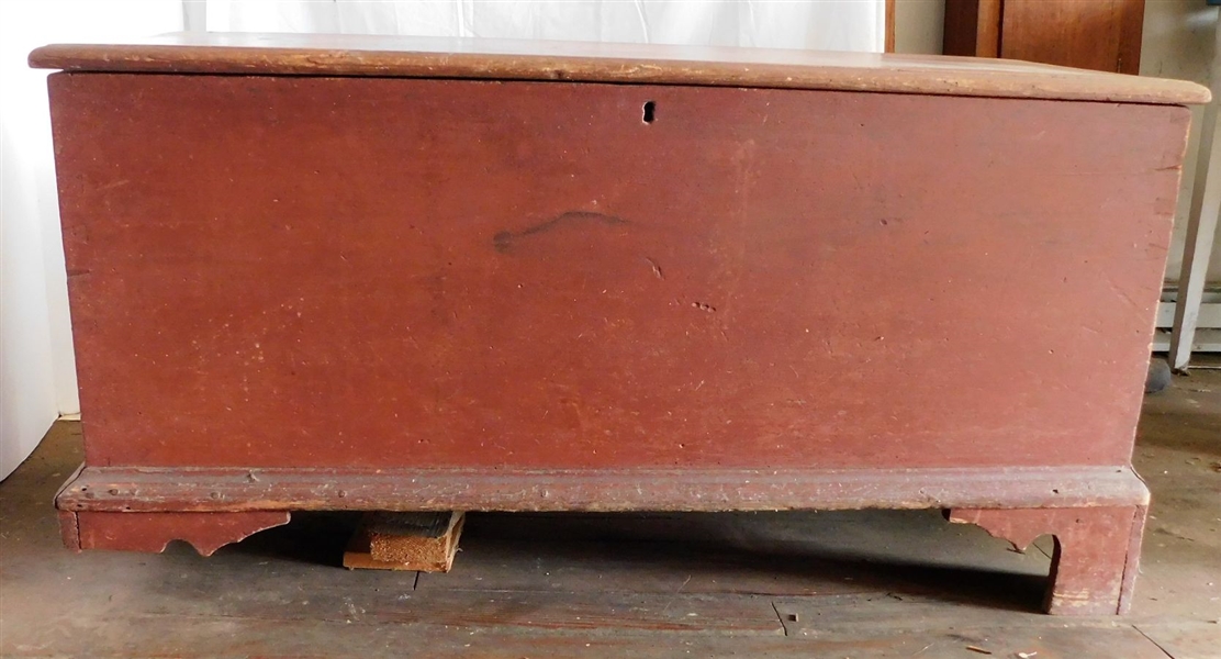 Pine Red Painted Blanket Box - Dovetailed Case - Missing Front Foot - Measures 24" tall 47" by 17 1/2" 
