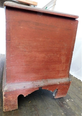 Pine Red Painted Blanket Box - Dovetailed Case - Missing Front Foot - Measures 24 tall 47 by 17 1/2 