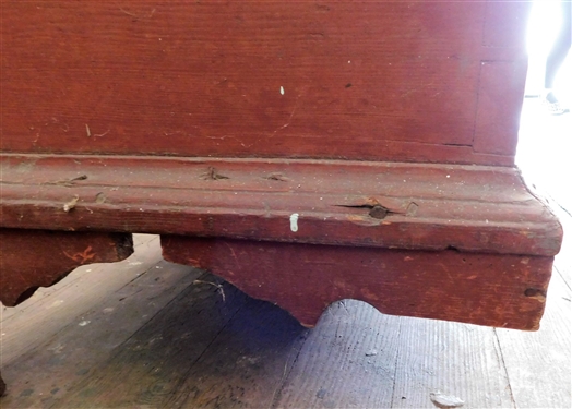 Pine Red Painted Blanket Box - Dovetailed Case - Missing Front Foot - Measures 24 tall 47 by 17 1/2 