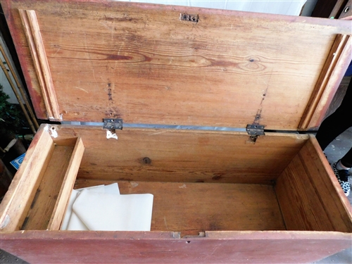 Pine Red Painted Blanket Box - Dovetailed Case - Missing Front Foot - Measures 24 tall 47 by 17 1/2 