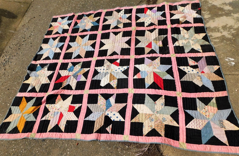 Hand Made Star Pattern Quilt - Measures 71" by 84"- Some Minor Staining