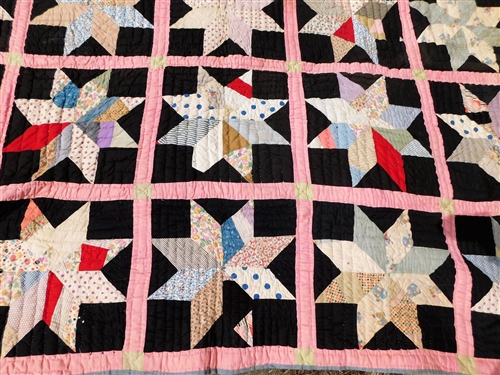 Hand Made Star Pattern Quilt - Measures 71 by 84- Some Minor Staining