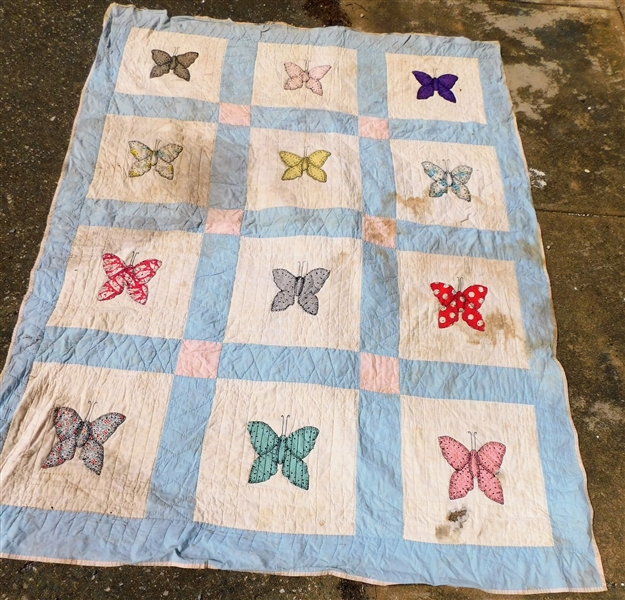 Butterfly Applique Quilt - Hand Stitched- Stained and Has Hole - Measures 83 1/2" by 63"