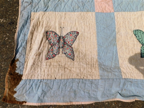 Butterfly Applique Quilt - Hand Stitched- Stained and Has Hole - Measures 83 1/2 by 63