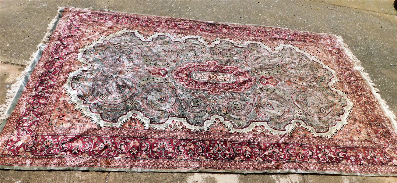 Sage Green and Burgundy Silk Rug - Hand Woven Oriental - Some Damage Corners - See Photos - 98" by 6 