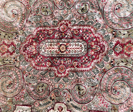 Sage Green and Burgundy Silk Rug - Hand Woven Oriental - Some Damage Corners - See Photos - 9'8 by 6' 
