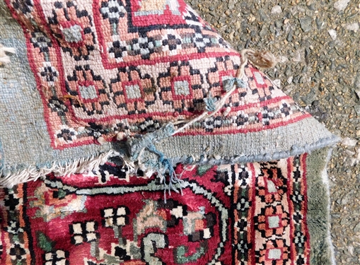 Sage Green and Burgundy Silk Rug - Hand Woven Oriental - Some Damage Corners - See Photos - 9'8 by 6' 