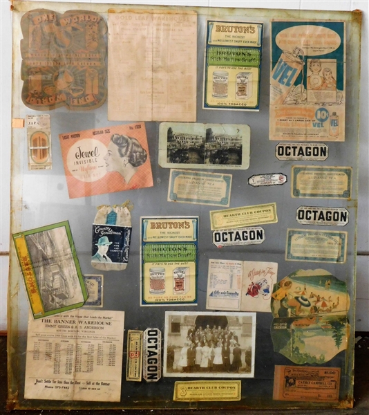 Advertisements Framed in Glass including South Boston Virginia, Octagon, Sewing Kits, Etc. Glass Measures - 31" tall by 26 1/2"