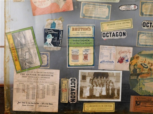 Advertisements Framed in Glass including South Boston Virginia, Octagon, Sewing Kits, Etc. Glass Measures - 31 tall by 26 1/2