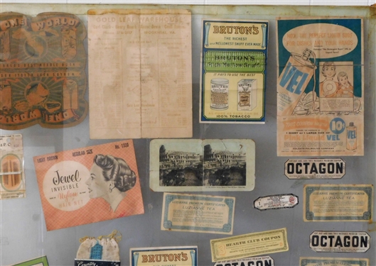 Advertisements Framed in Glass including South Boston Virginia, Octagon, Sewing Kits, Etc. Glass Measures - 31 tall by 26 1/2