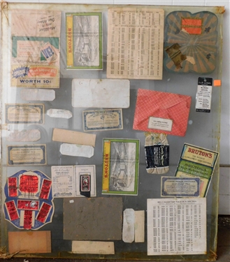 Advertisements Framed in Glass including South Boston Virginia, Octagon, Sewing Kits, Etc. Glass Measures - 31 tall by 26 1/2