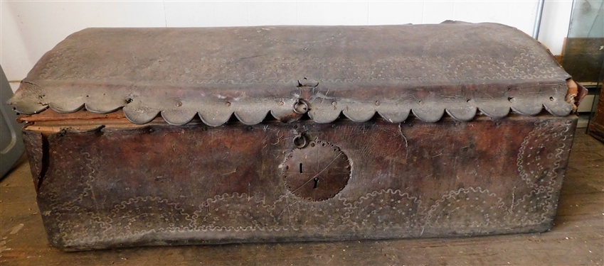 Hand Tooled Leather Wrapped Wood Trunk - Rough Condition - Original Lock - Black Smith Handles - Measures 16 tall 42 by 22