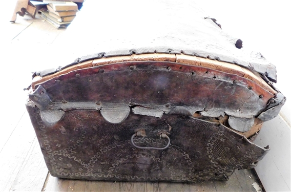 Hand Tooled Leather Wrapped Wood Trunk - Rough Condition - Original Lock - Black Smith Handles - Measures 16 tall 42 by 22