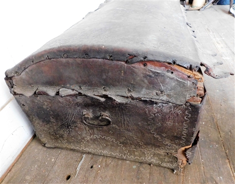 Hand Tooled Leather Wrapped Wood Trunk - Rough Condition - Original Lock - Black Smith Handles - Measures 16 tall 42 by 22
