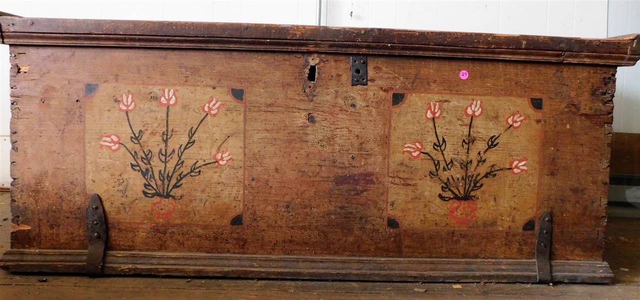Pine Grain Painted Chest with Painted Flower Decoration - Black Smith Straps and Handles - Top Finish is Rough - 22" tall 55 1/2" by 22"