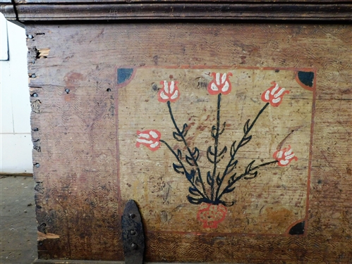 Pine Grain Painted Chest with Painted Flower Decoration - Black Smith Straps and Handles - Top Finish is Rough - 22 tall 55 1/2 by 22