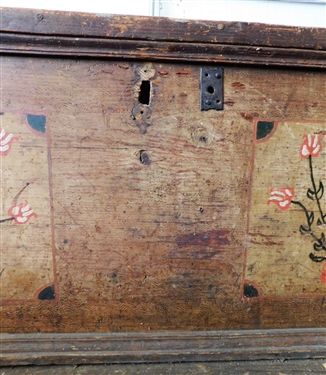 Pine Grain Painted Chest with Painted Flower Decoration - Black Smith Straps and Handles - Top Finish is Rough - 22 tall 55 1/2 by 22